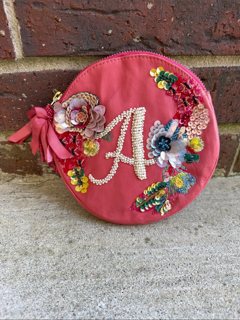 Anthropologie Pink Beaded Monogram 'A' Round Clutch with Floral Sequins